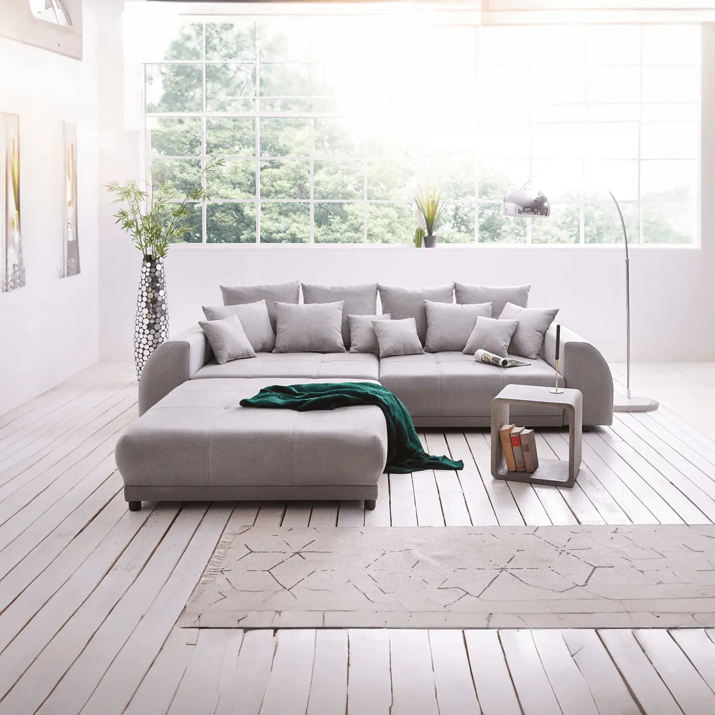 Canapea extensibilă dumonde cu 2 lăzi de depozitare si sezut confortabil din spuma high-density, Verona Enjoy Grey 310x120 cm cu taburet inclus