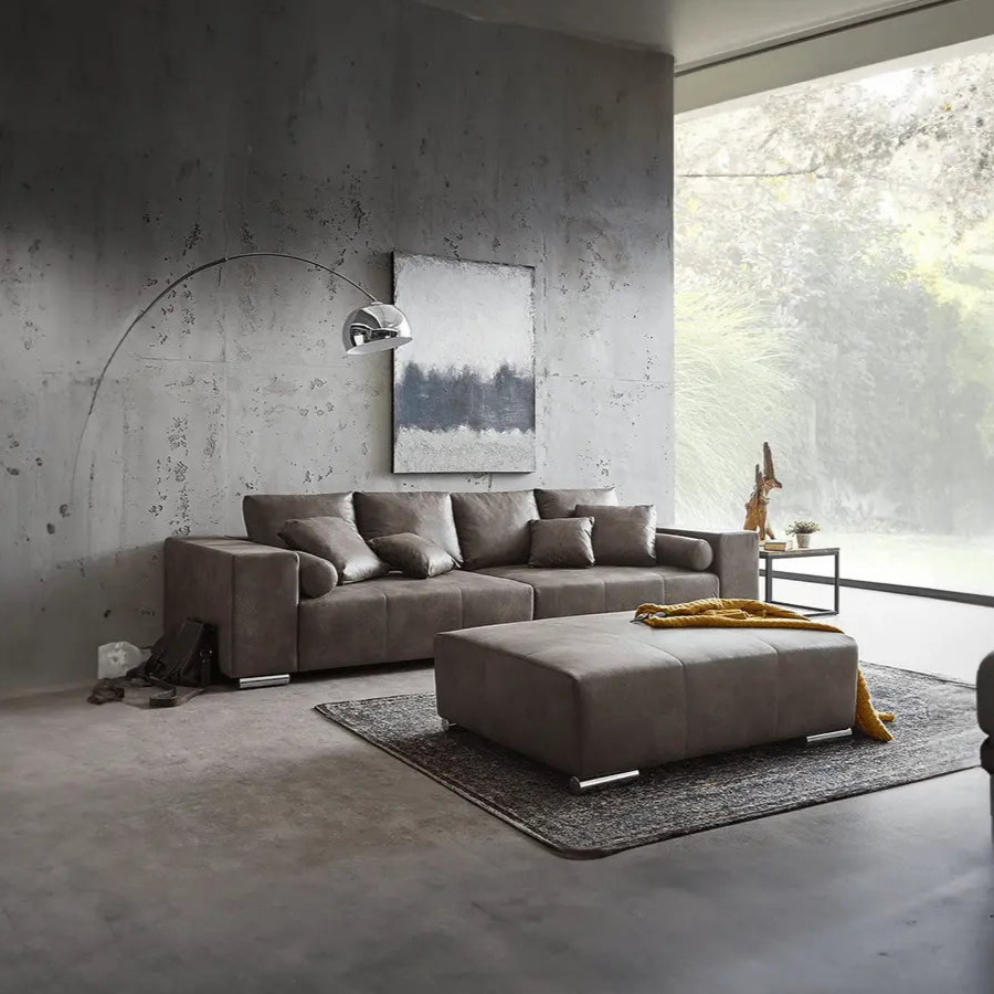 Canapea extensibilă dumonde cu ladă de depozitare si sezut confortabil din spuma high-density, Marbela Tobago Brown XXL 295x120 cm cu taburet inclus