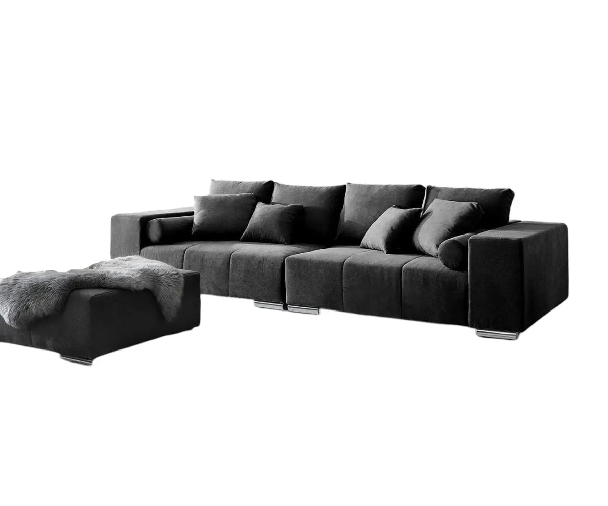 Canapea extensibilă dumonde cu ladă de depozitare si sezut confortabil din spuma high-density, Marbela Enjoy Black XXL 295x120 cm cu taburet inclus