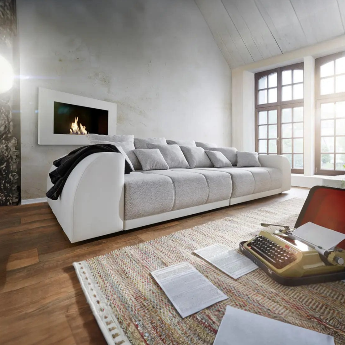 Canapea extensibilă dumonde cu 2 lăzi de depozitare si sezut confortabil din spuma high-density, Verona Loft White 310x120 cm