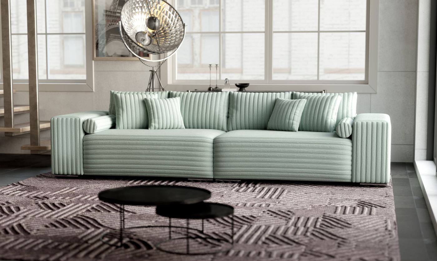 Canapea extensibilă dumonde cu ladă de depozitare si sezut confortabil din spuma HR, Marbela Ambience Mint XXL 295x100 cm fabrica
