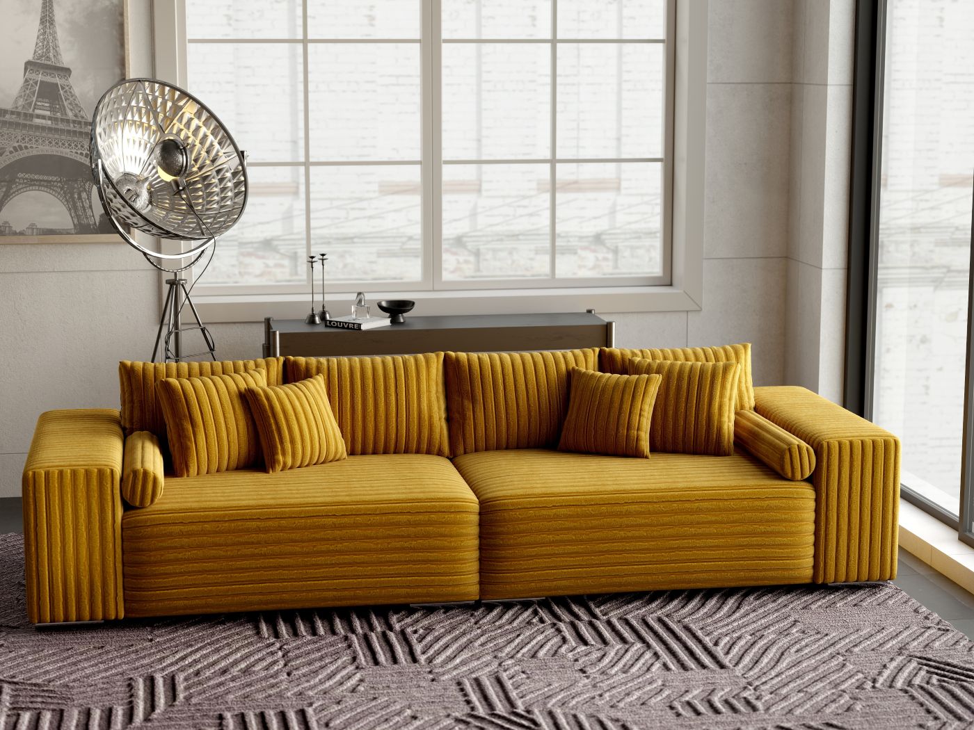 Canapea extensibilă dumonde cu ladă de depozitare si sezut confortabil din spuma HR, Marbela Ambience Mustar XXL 295x100 cm fabrica