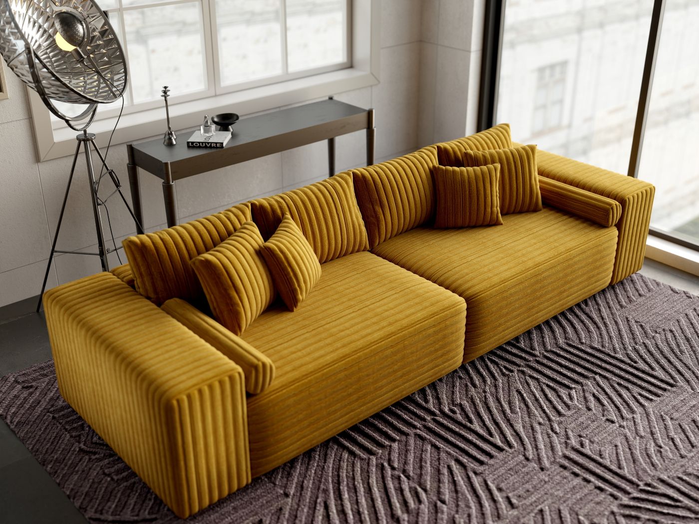 Canapea extensibilă dumonde cu ladă de depozitare si sezut confortabil din spuma HR, Marbela Ambience Mustar XXL 295x100 cm fabrica
