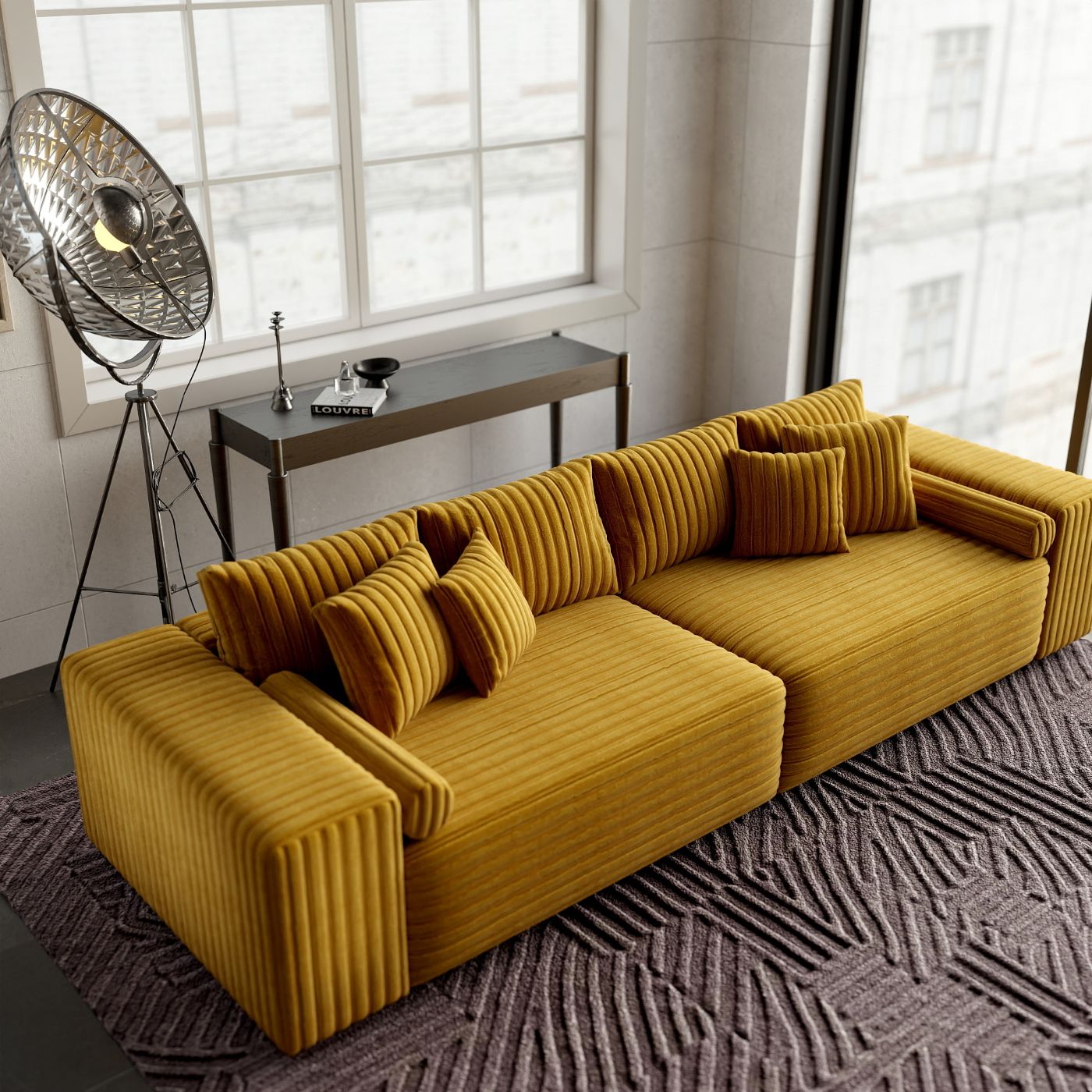 Canapea extensibilă dumonde cu ladă de depozitare si sezut confortabil din spuma HR, Marbela Ambience Mustar XXL 295x100 cm fabrica