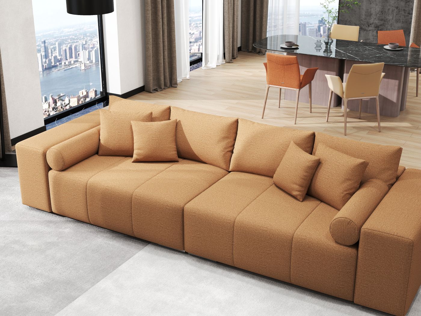 Canapea extensibilă dumonde cu ladă de depozitare si sezut confortabil din spuma HR, Marbela Enjoy Mango XXL 295x100 cm fabrica