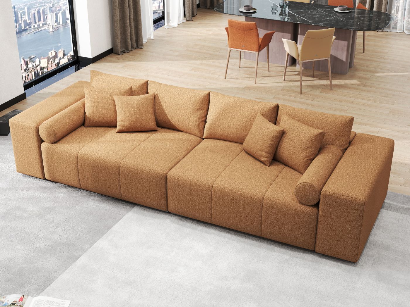Canapea extensibilă dumonde cu ladă de depozitare si sezut confortabil din spuma HR, Marbela Enjoy Mango XXL 295x100 cm fabrica