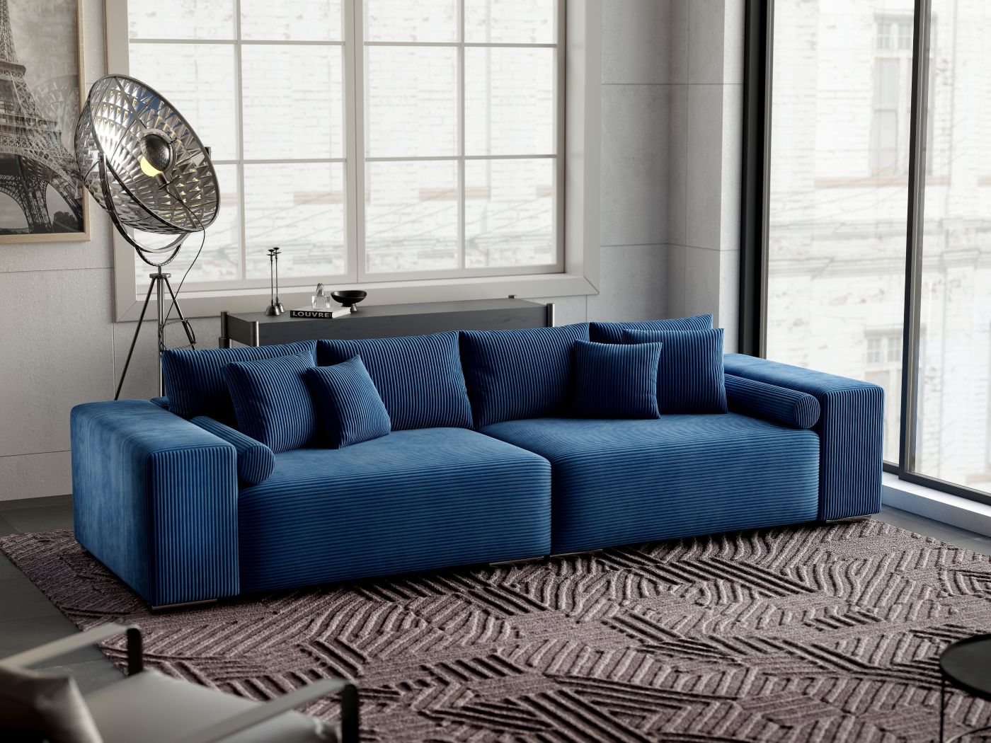 Canapea extensibilă dumonde cu ladă de depozitare si sezut confortabil din spuma HR, Marbela Zoom Blue XXL 295x100 cm fabrica