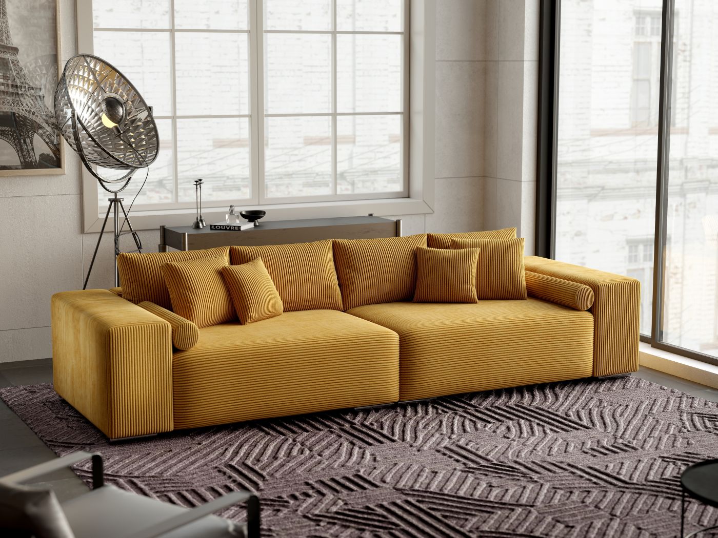 Canapea extensibilă dumonde cu ladă de depozitare si sezut confortabil din spuma HR, Marbela Zoom Mustar XXL 295x100 cm fabrica