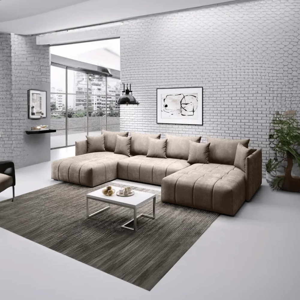 Colțar extensibil dumonde cu ladă de depozitare si sezut confortabil din spuma HR, Malta U Beige 340x185 cm Fabrica