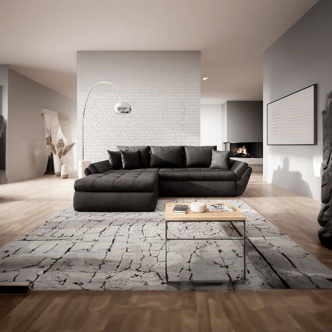 Colțar extensibil dumonde cu ladă de depozitare si sezut confortabil din spuma high-density, Loana Madagaskar Black 270x185 cm