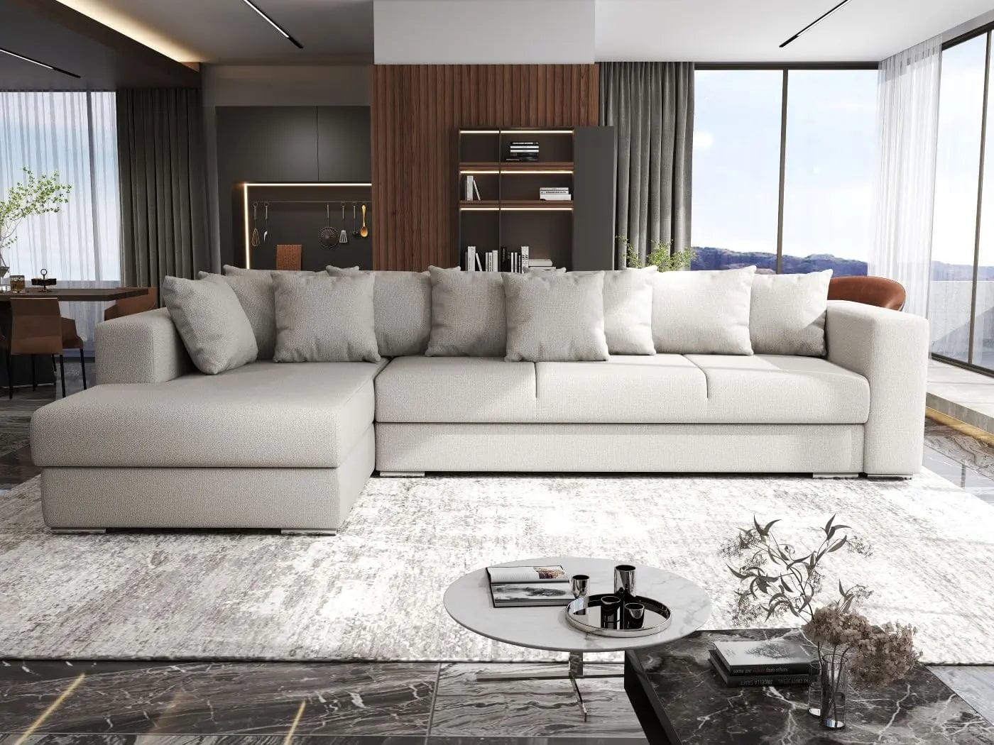 Colțar extensibil dumonde cu ladă de depozitare si sezut confortabil din spuma HR, Gloria Beige 320x183 cm Fabrica