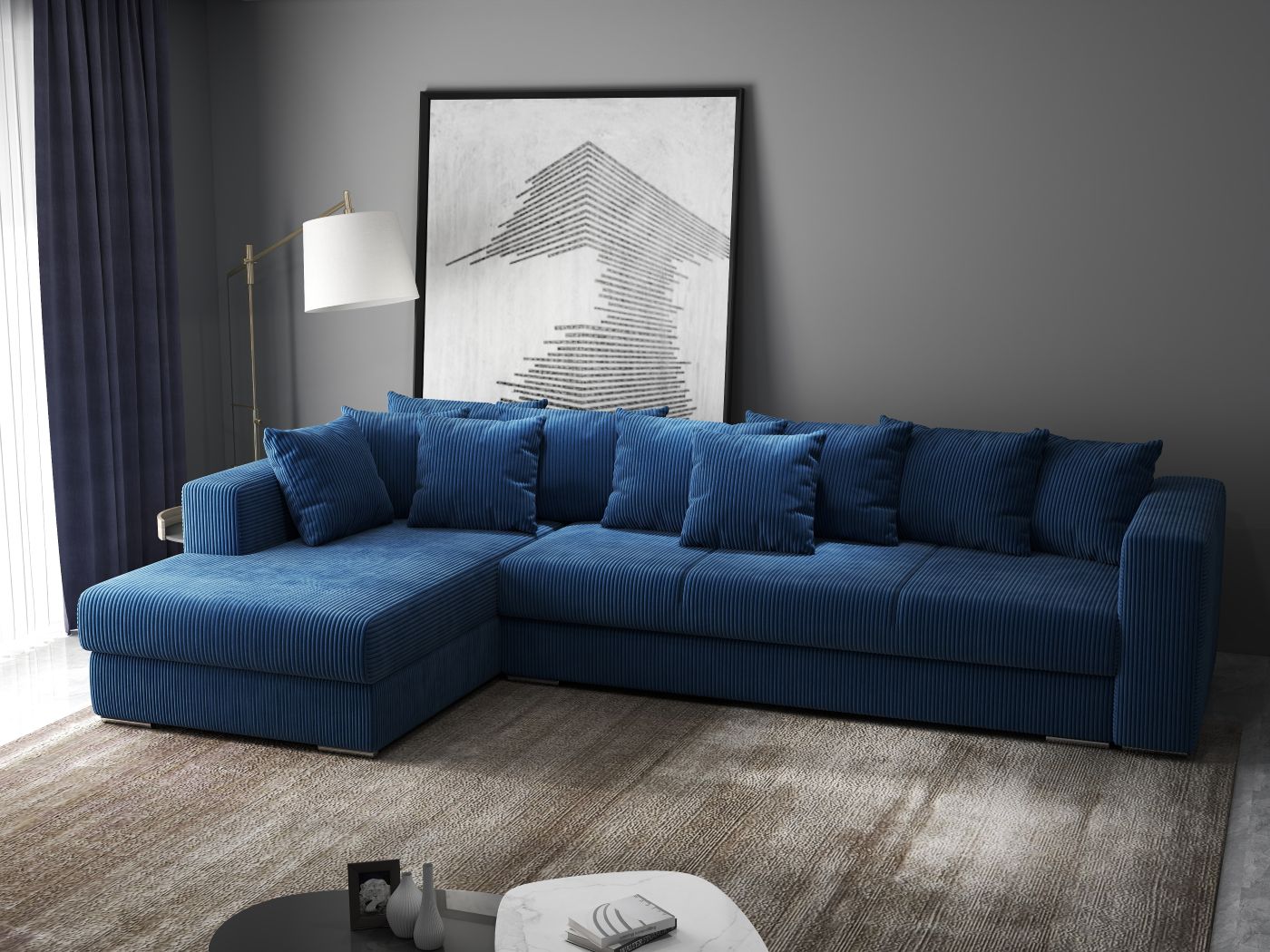 Colțar extensibil dumonde cu ladă de depozitare si sezut confortabil din spuma HR, Gloria Zoom Blue II 320x183 cm Fabrica
