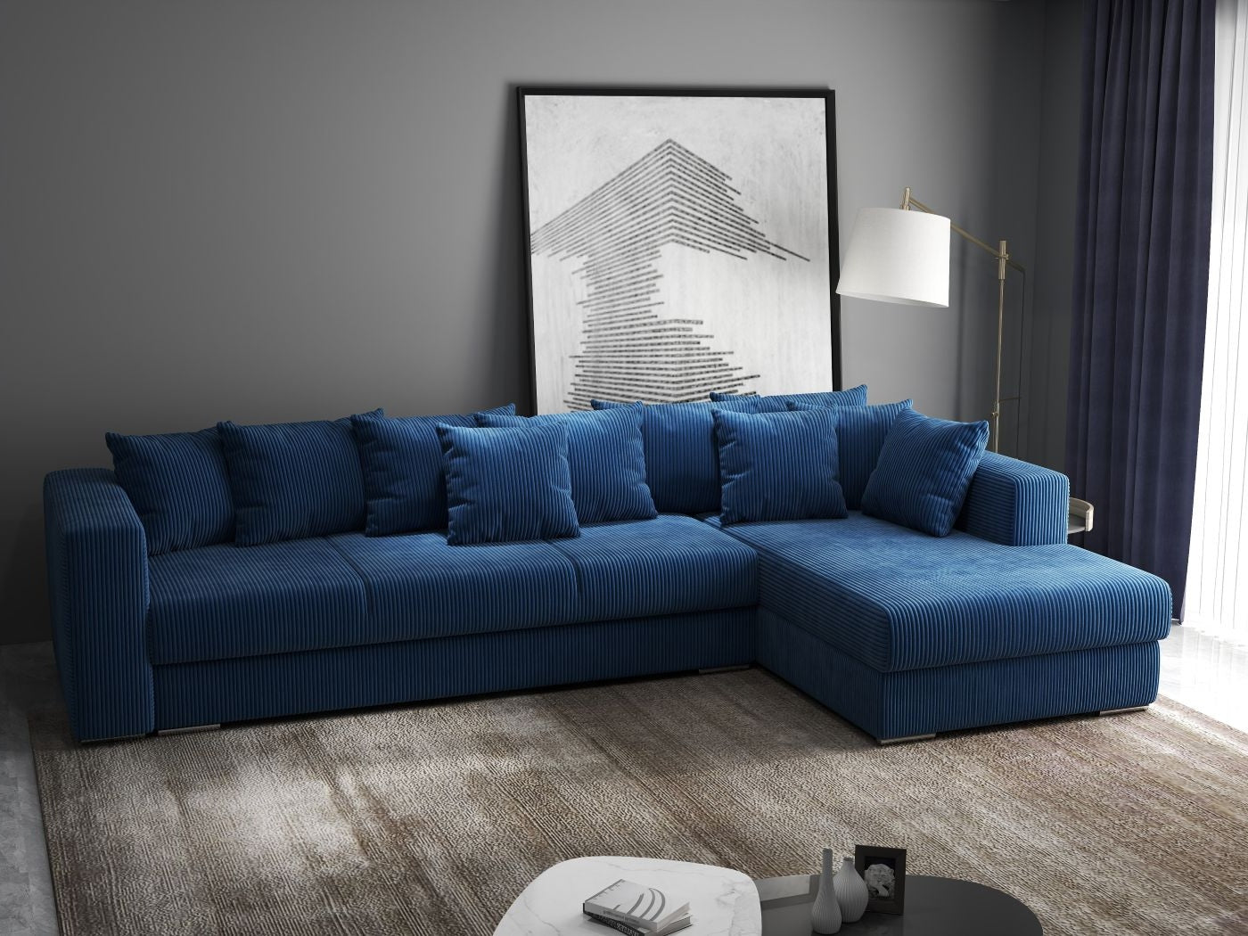Colțar extensibil dumonde cu ladă de depozitare si sezut confortabil din spuma HR, Gloria Zoom Blue 320x183 cm Fabrica
