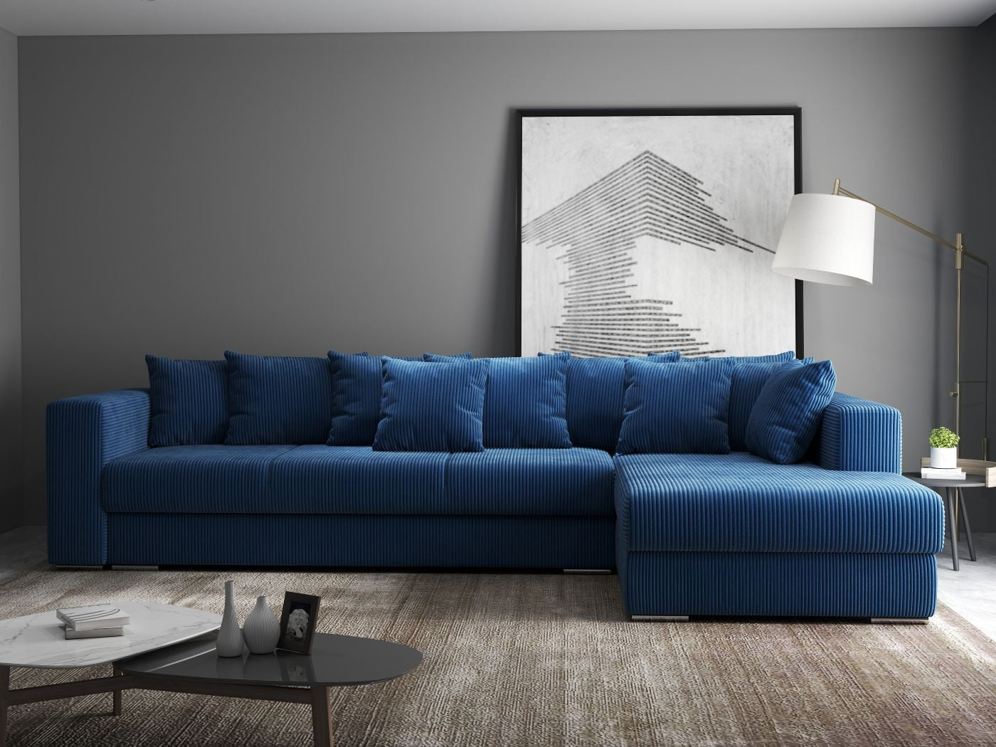 Colțar extensibil dumonde cu ladă de depozitare si sezut confortabil din spuma HR, Gloria Zoom Blue 320x183 cm Fabrica