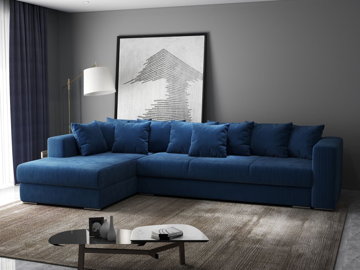 Colțar extensibil dumonde cu ladă de depozitare si sezut confortabil din spuma HR, Gloria Zoom Blue II 320x183 cm Fabrica