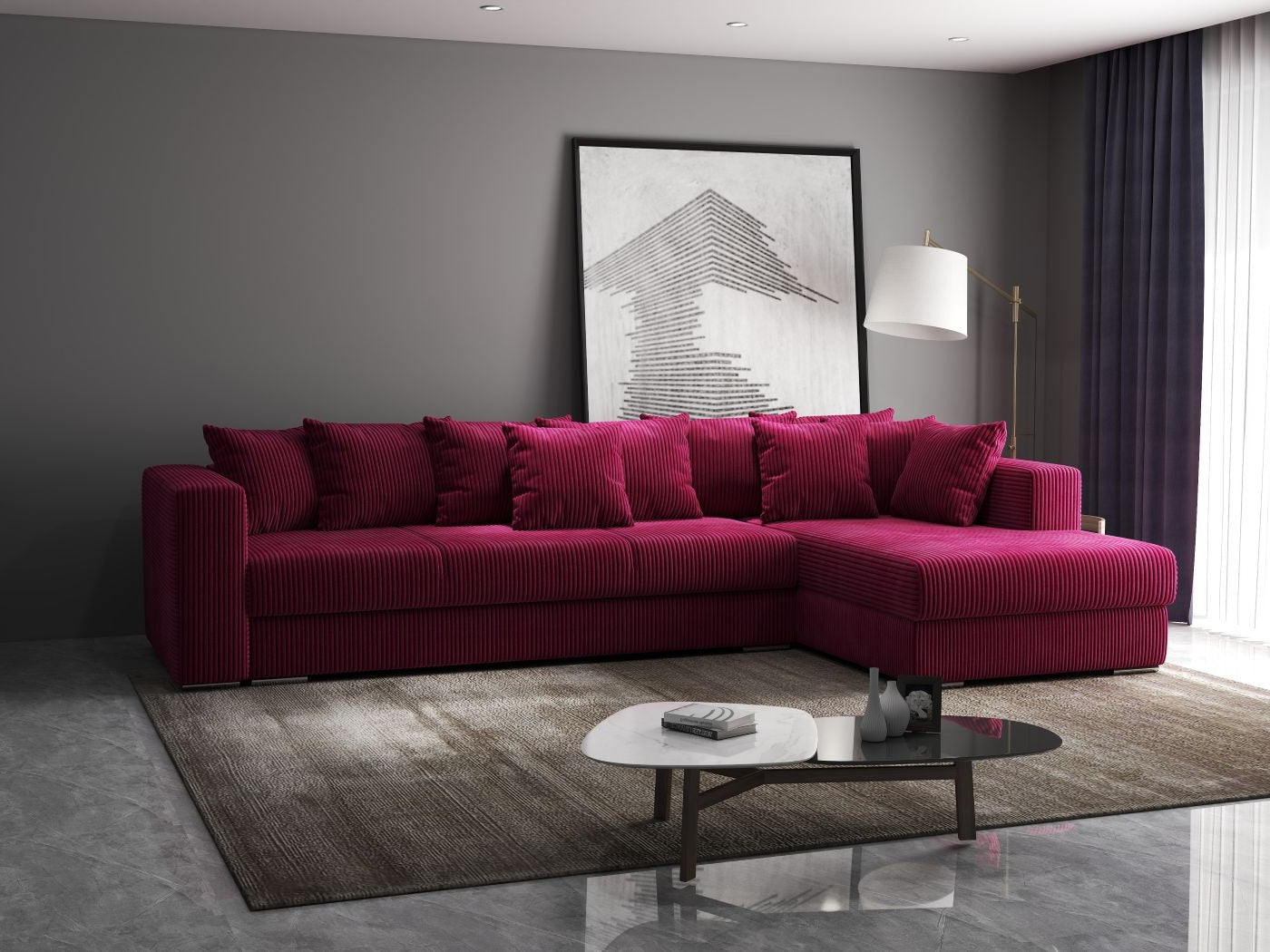 Colțar extensibil dumonde cu ladă de depozitare si sezut confortabil din spuma HR, Gloria Zoom Red II 320x183 cm Fabrica