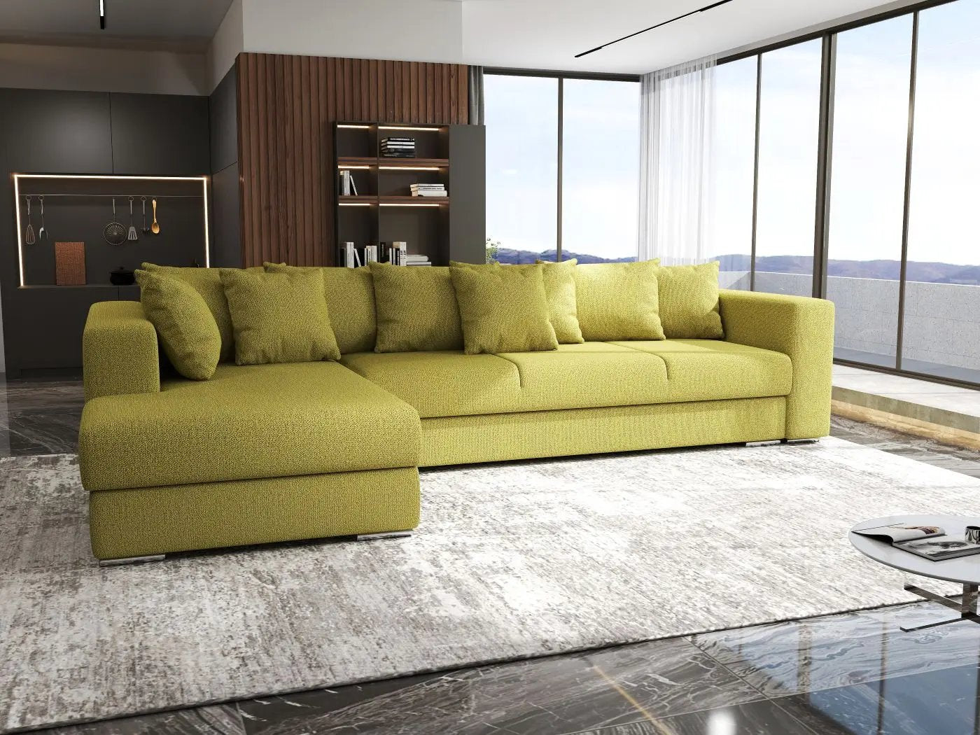 Colțar extensibil dumonde cu ladă de depozitare si sezut confortabil din spuma HR, Gloria Enjoy Green 320x183 cm Fabrica