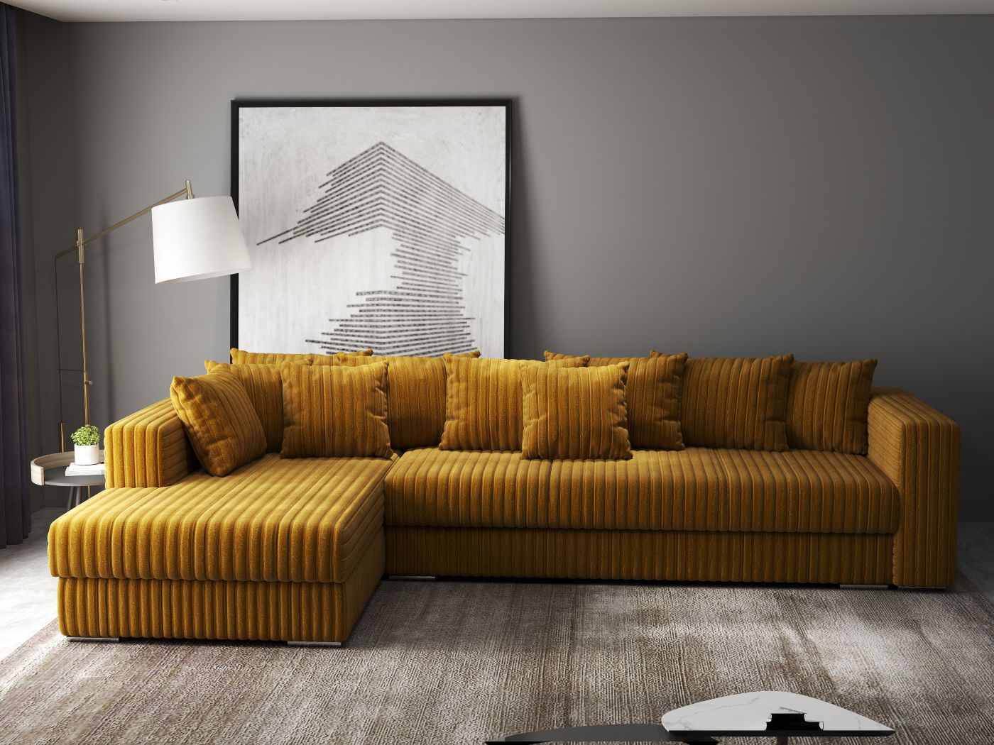 Colțar extensibil dumonde cu ladă de depozitare si sezut confortabil din spuma HR, Gloria Ambience Mustar 320x183 cm Fabrica