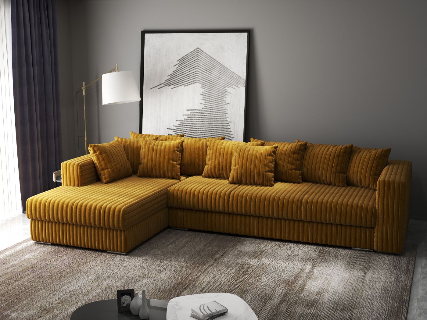 Colțar extensibil dumonde cu ladă de depozitare si sezut confortabil din spuma HR, Gloria Ambience Mustar 320x183 cm Fabrica