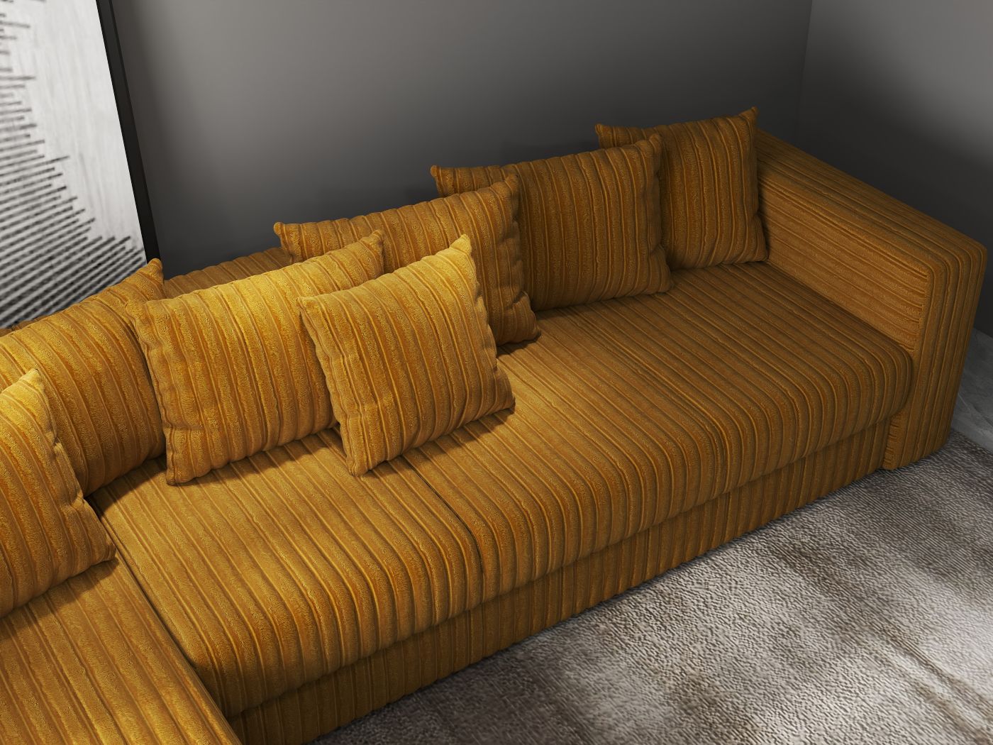 Colțar extensibil dumonde cu ladă de depozitare si sezut confortabil din spuma HR, Gloria Ambience Mustar 320x183 cm Fabrica