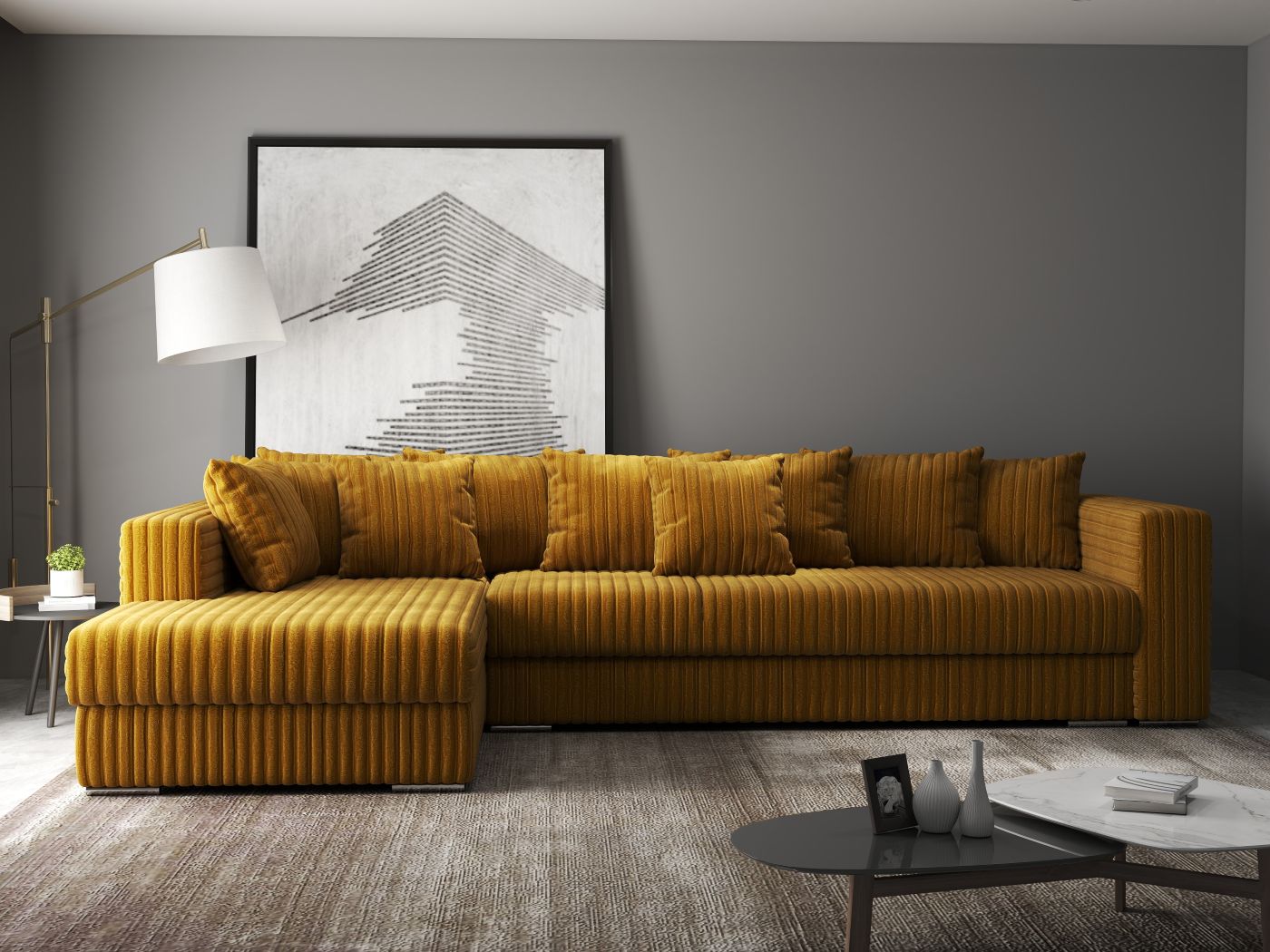 Colțar extensibil dumonde cu ladă de depozitare si sezut confortabil din spuma HR, Gloria Ambience Mustar 320x183 cm Fabrica