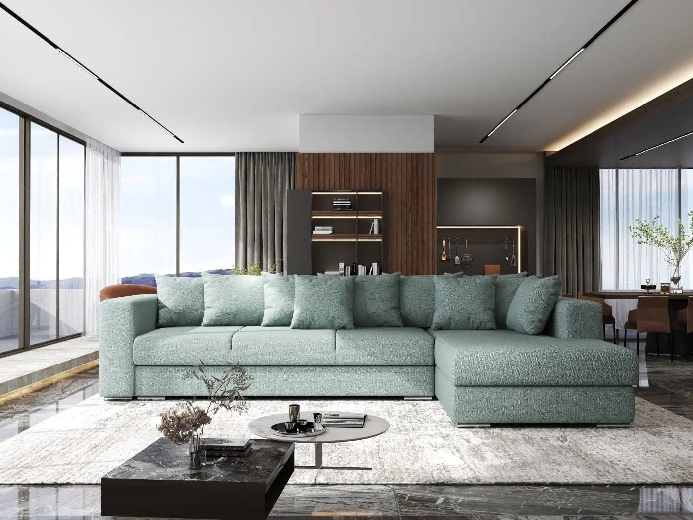Colțar extensibil dumonde cu ladă de depozitare si sezut confortabil din spuma HR, Gloria Mint II 320x183 cm Fabrica