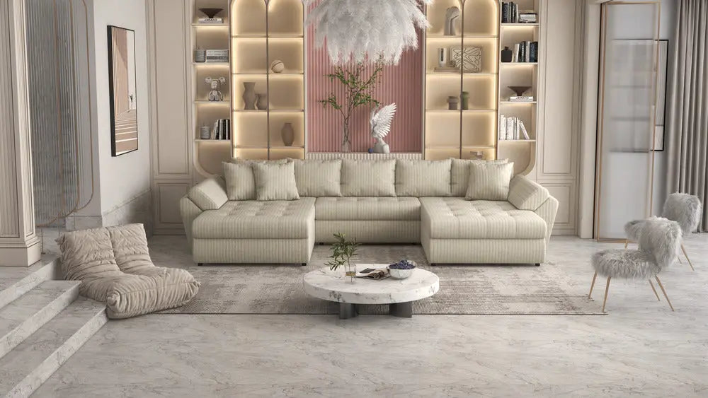 Colțar extensibil dumonde cu ladă de depozitare si sezut confortabil din spuma high-density, Loana Ambience bej U 375x185 cm