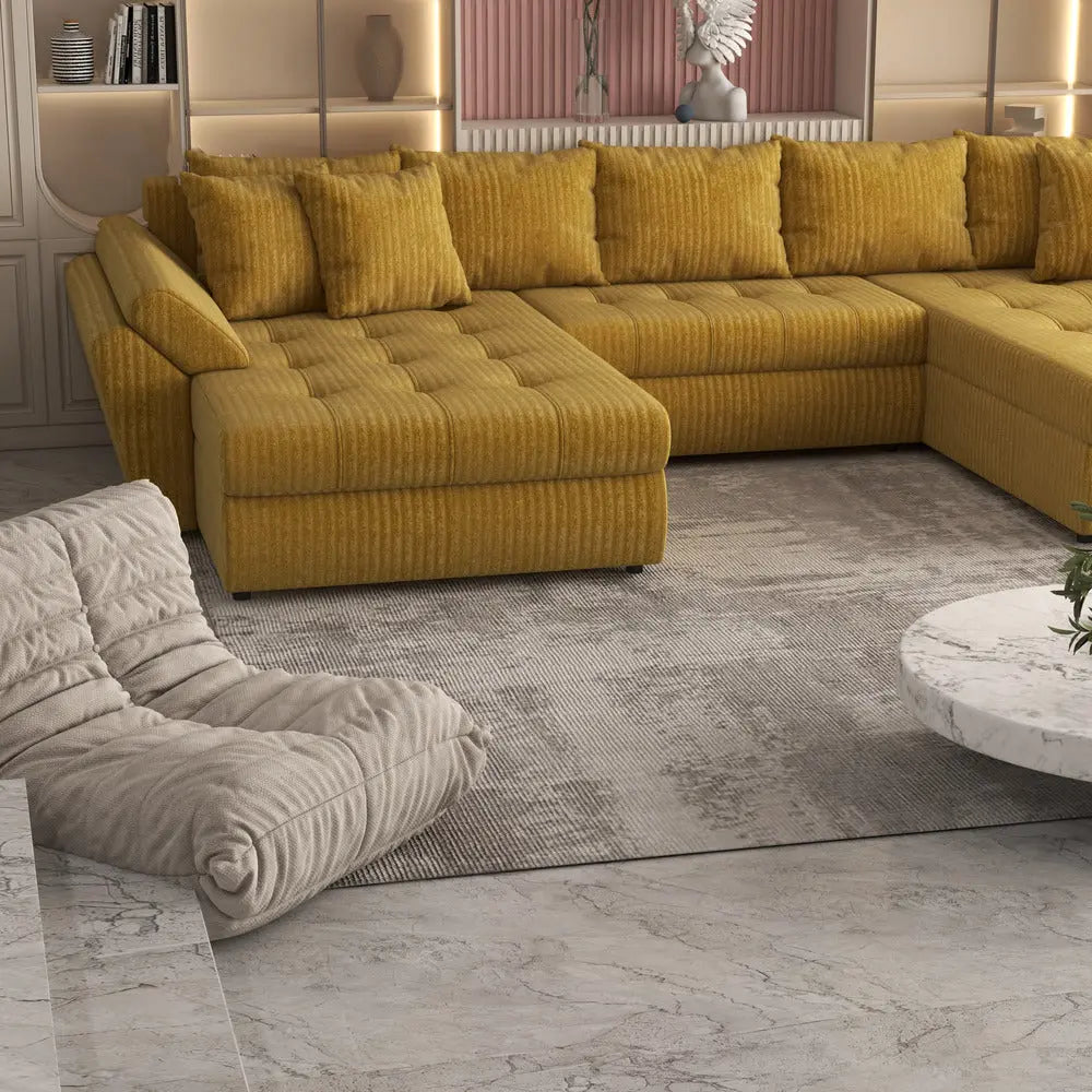 Colțar extensibil dumonde cu ladă de depozitare si sezut confortabil din spuma high-density, Loana Ambience mustar U 375x185 cm