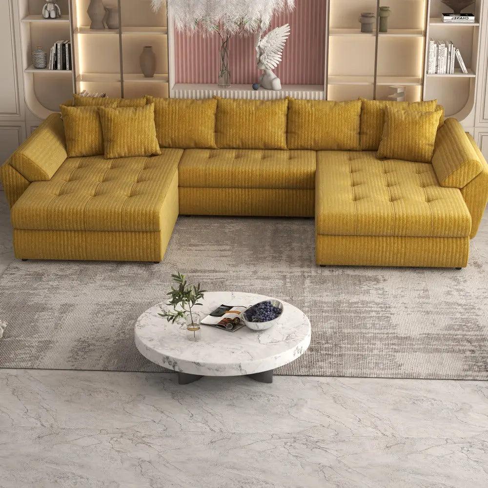 Colțar extensibil dumonde cu ladă de depozitare si sezut confortabil din spuma high-density, Loana Ambience mustar U 375x185 cm