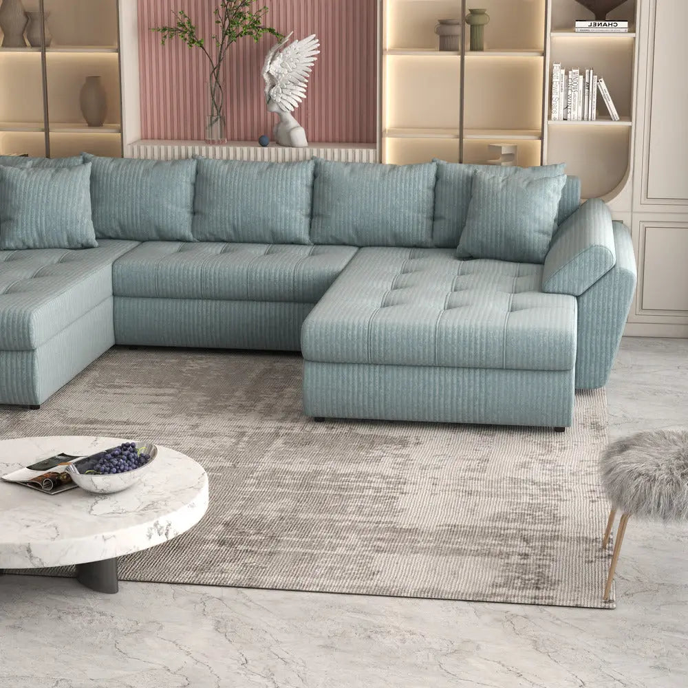 Colțar extensibil dumonde cu ladă de depozitare si sezut confortabil din spuma high-density, Loana Ambience verde deschis U 375x185 cm