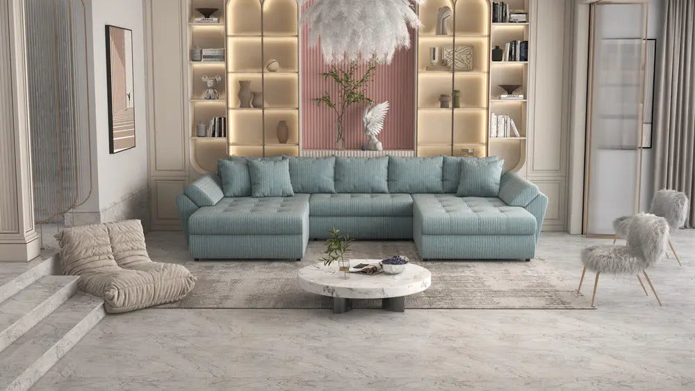 Colțar extensibil dumonde cu ladă de depozitare si sezut confortabil din spuma high-density, Loana Ambience verde deschis U 375x185 cm