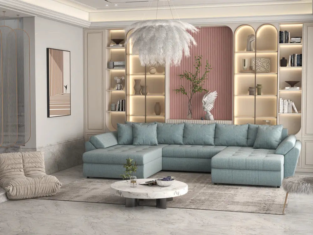Colțar extensibil dumonde cu ladă de depozitare si sezut confortabil din spuma high-density, Loana Ambience verde deschis U 375x185 cm