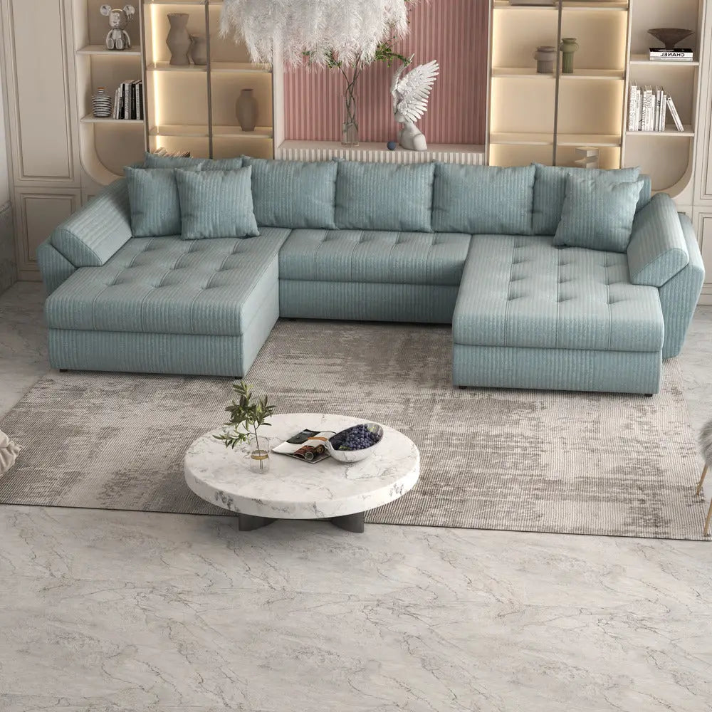 Colțar extensibil dumonde cu ladă de depozitare si sezut confortabil din spuma high-density, Loana Ambience verde deschis U 375x185 cm
