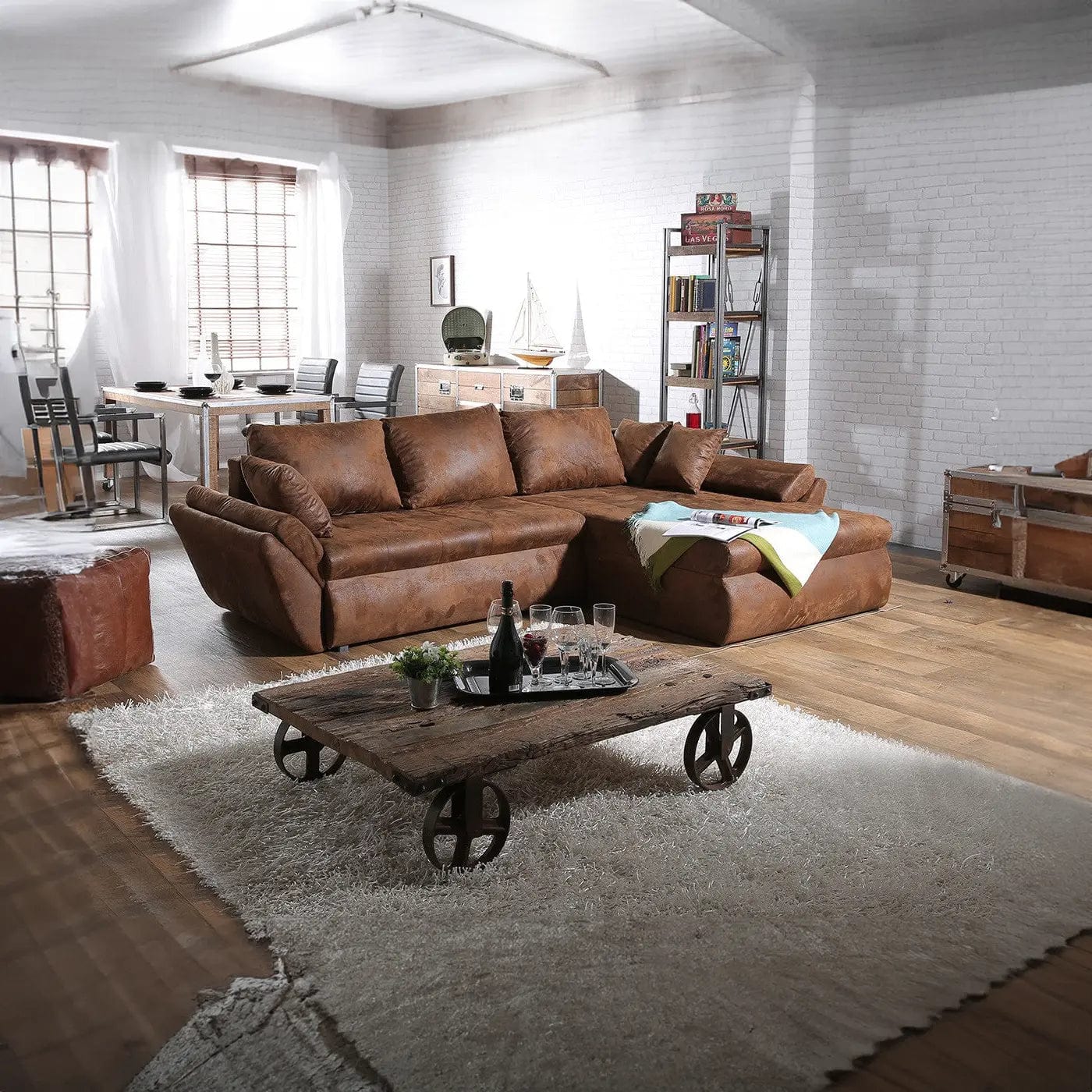 Colțar extensibil dumonde cu ladă de depozitare si sezut confortabil din spuma high-density, Loana Madagaskar Brown 270x185 cm