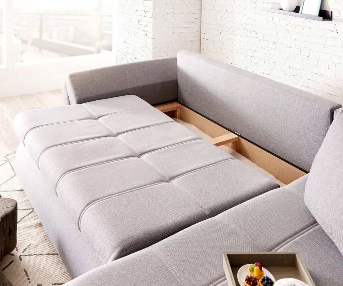 Colțar extensibil dumonde cu ladă de depozitare si sezut confortabil din spuma high-density, Loana Enjoy Grey II 270x185 cm