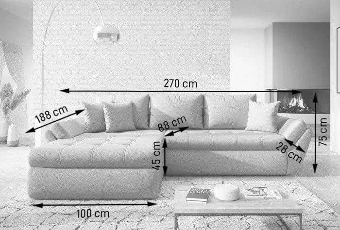 Colțar extensibil cu ladă de depozitare si sezut confortabil din spuma HR, Loana Antracit 270x185 cm