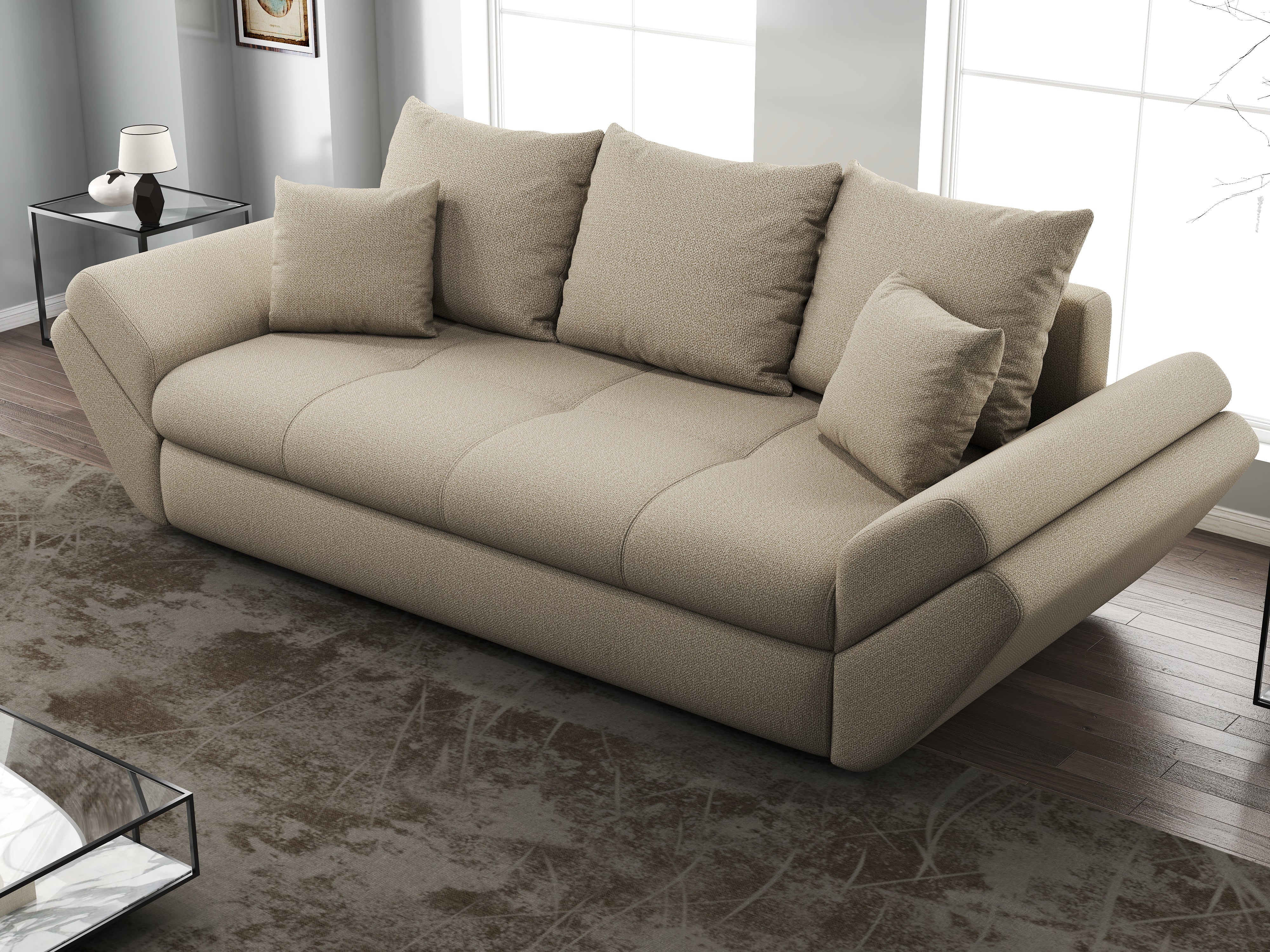 Canapea extensibilă dumonde cu ladă de depozitare si sezut confortabil din spuma HR, Loana Enjoy Camel 250x100 cm Fabrica