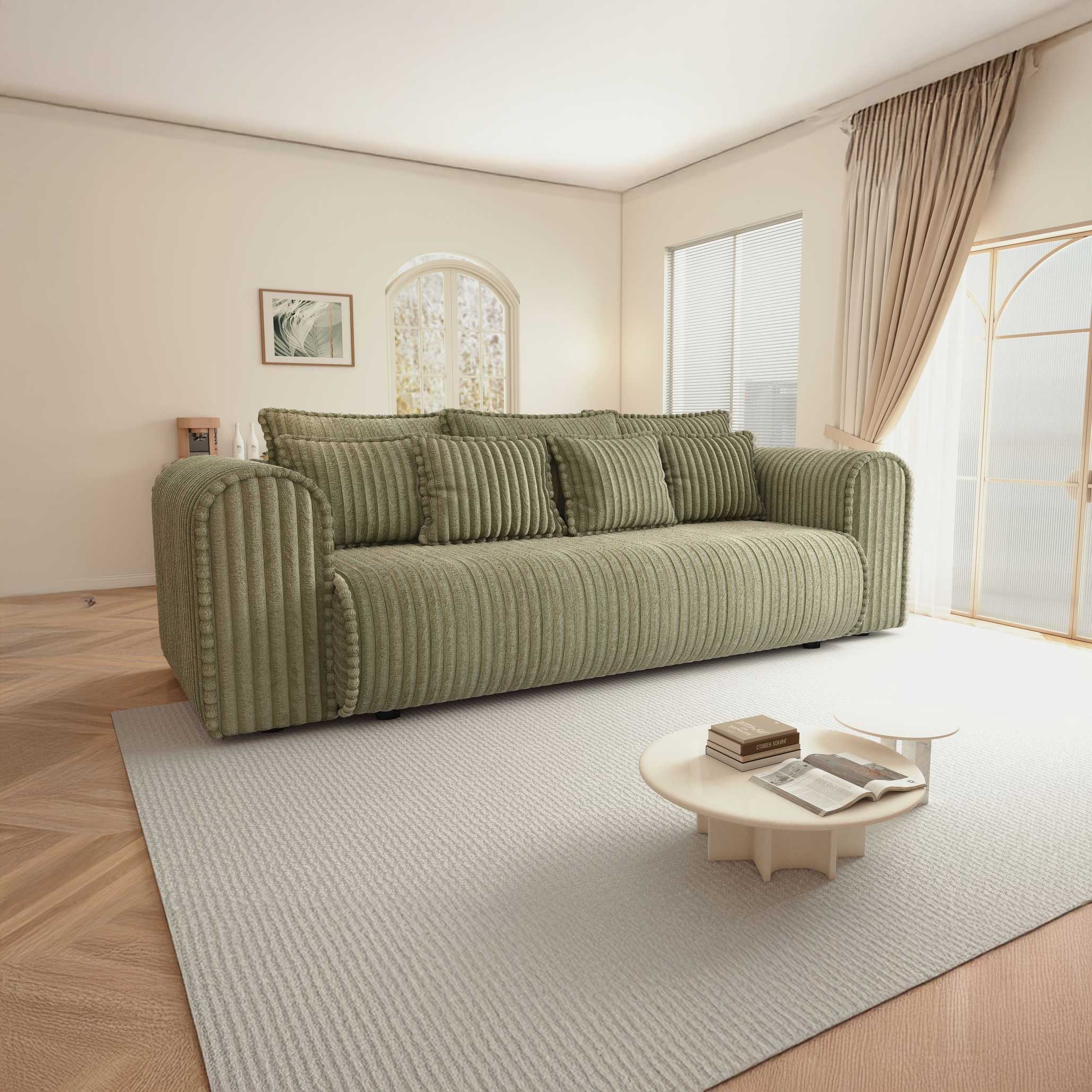 Canapea extensibilă dumonde cu ladă de depozitare si sezut confortabil din spuma high-density, Monaco Mica Tilia Olive 240x100 cm