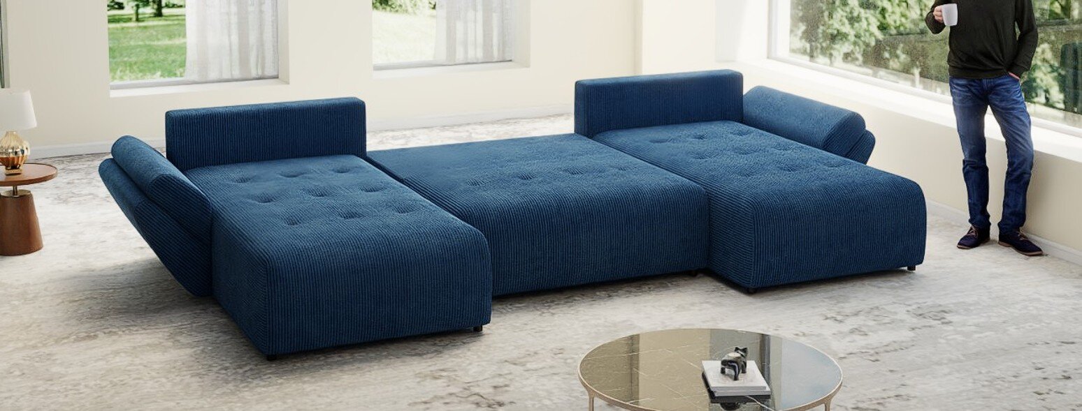 Colțar extensibil dumonde cu ladă de depozitare si sezut confortabil din spuma high-density, Berlin U Zoom Blue 400x185 cm
