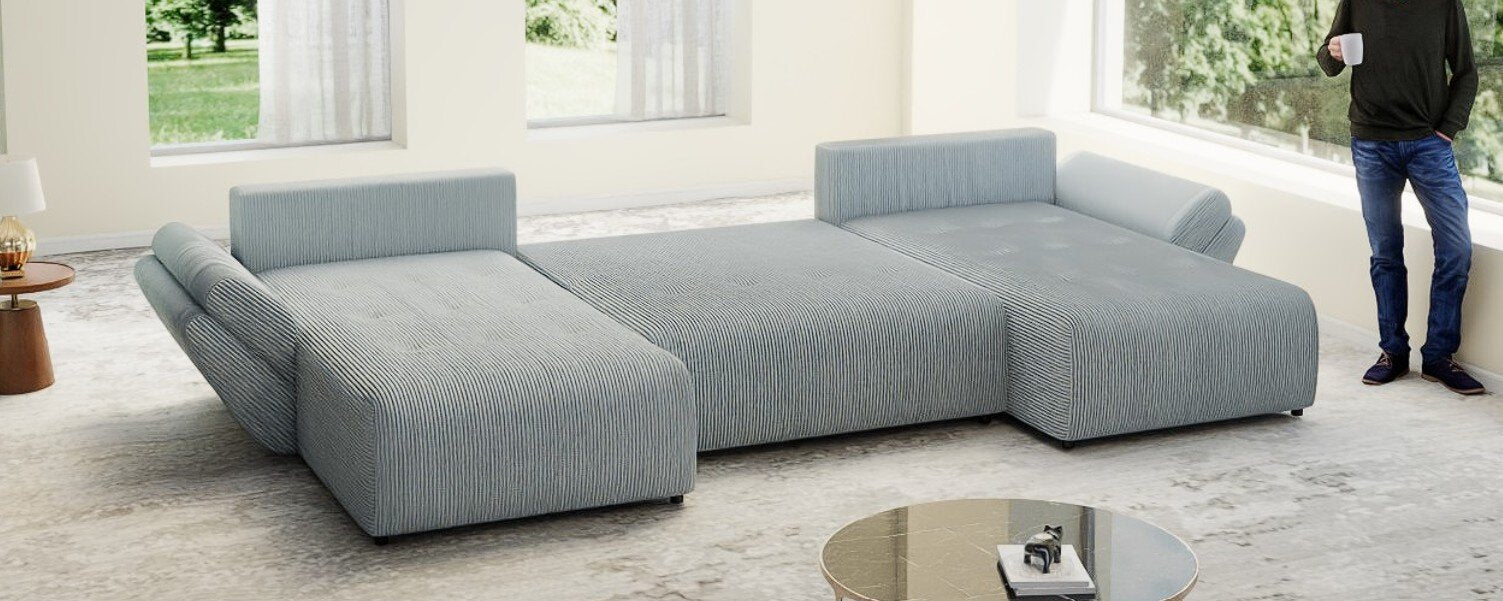 Colțar extensibil dumonde cu ladă de depozitare si sezut confortabil din spuma high-density, Berlin U Zoom GREY 400x185 cm