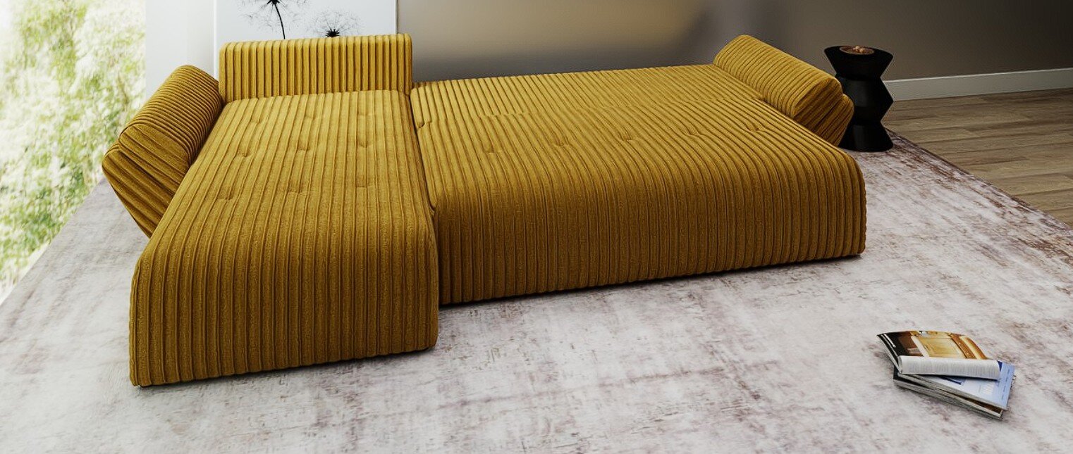 Colțar extensibil dumonde cu ladă de depozitare si sezut confortabil din spuma high-density, Berlin XL Ambience Mustar 350x185 cm