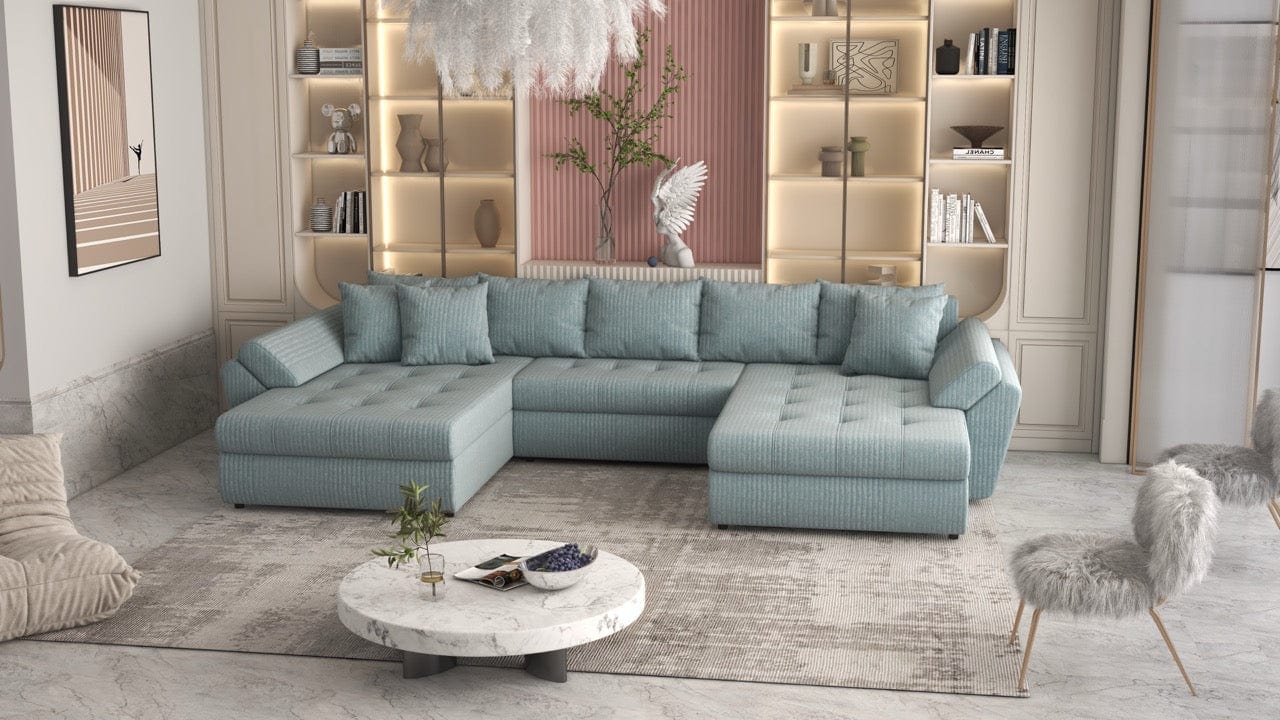 Colțar extensibil dumonde cu ladă de depozitare si sezut confortabil din spuma HR, Loana U Mint Ambience 355x185 cm Fabrica