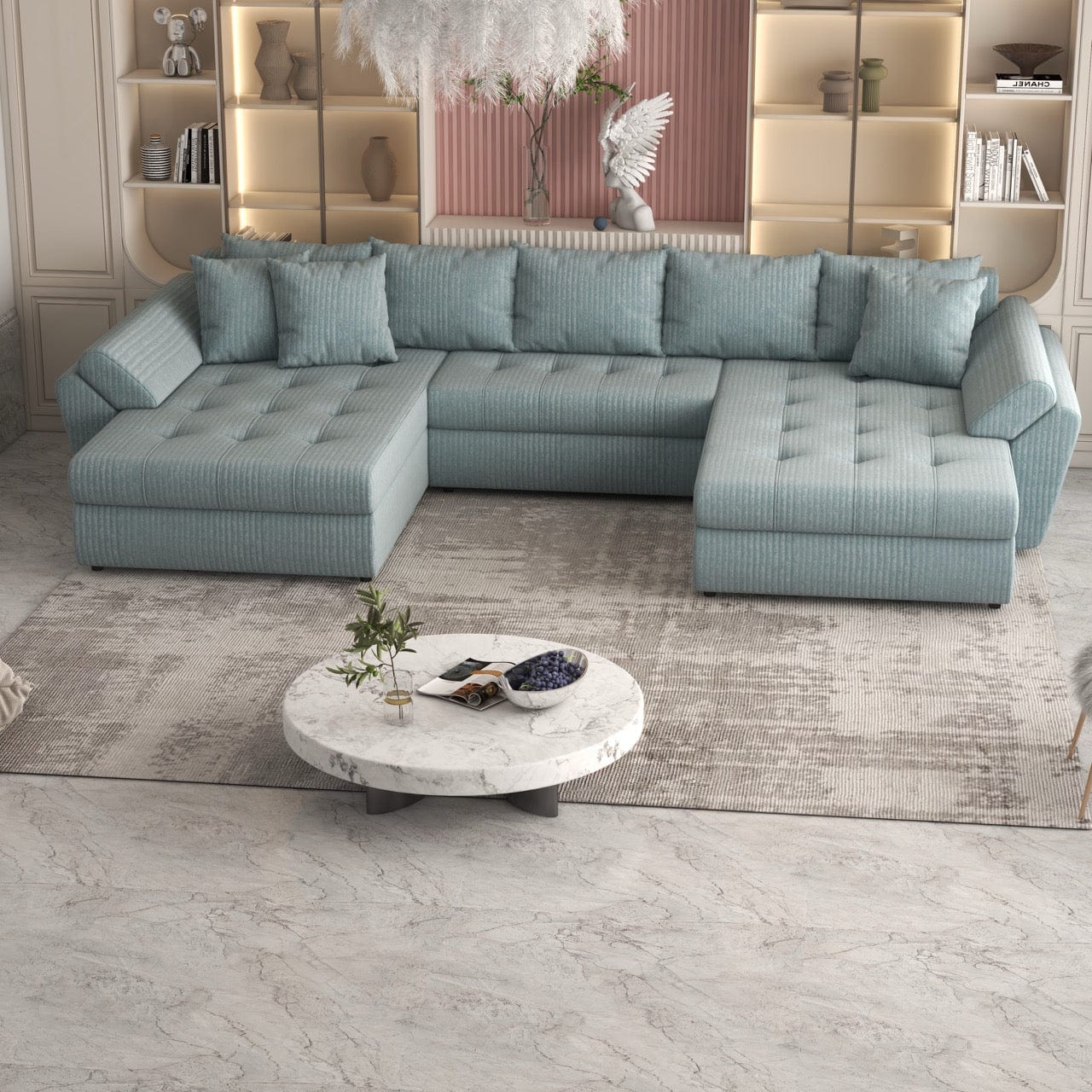Colțar extensibil dumonde cu ladă de depozitare si sezut confortabil din spuma HR, Loana U Mint Ambience 355x185 cm Fabrica