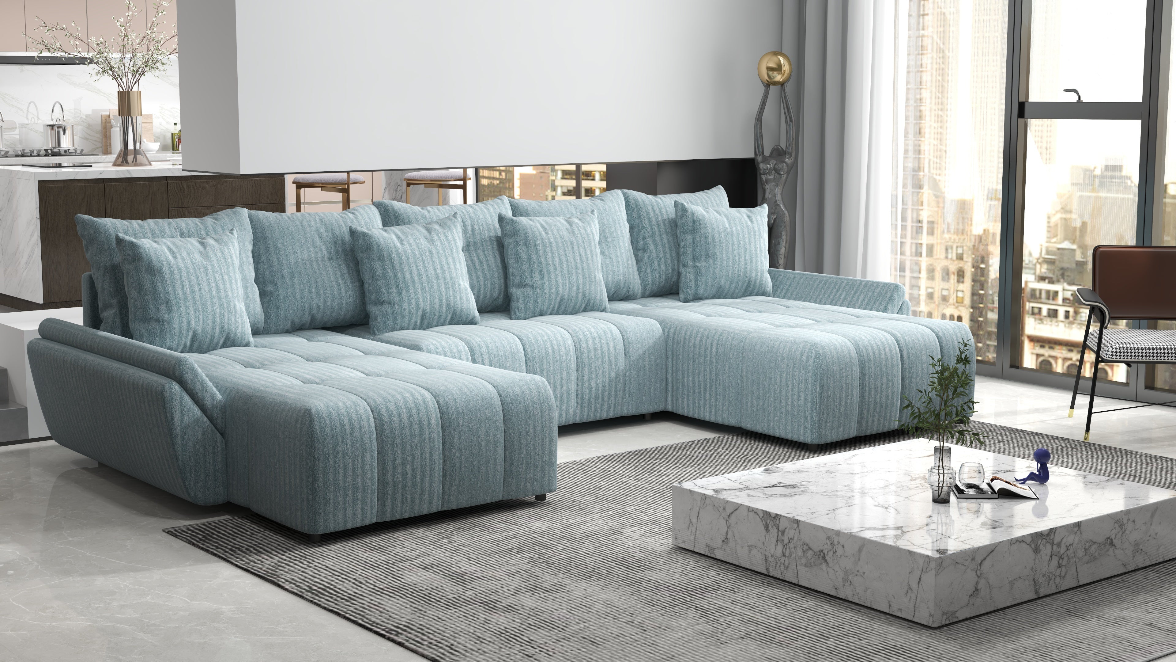 Colțar extensibil dumonde cu ladă de depozitare si sezut confortabil din spuma HR, Berlin U Mint 380x180 cm Fabrica