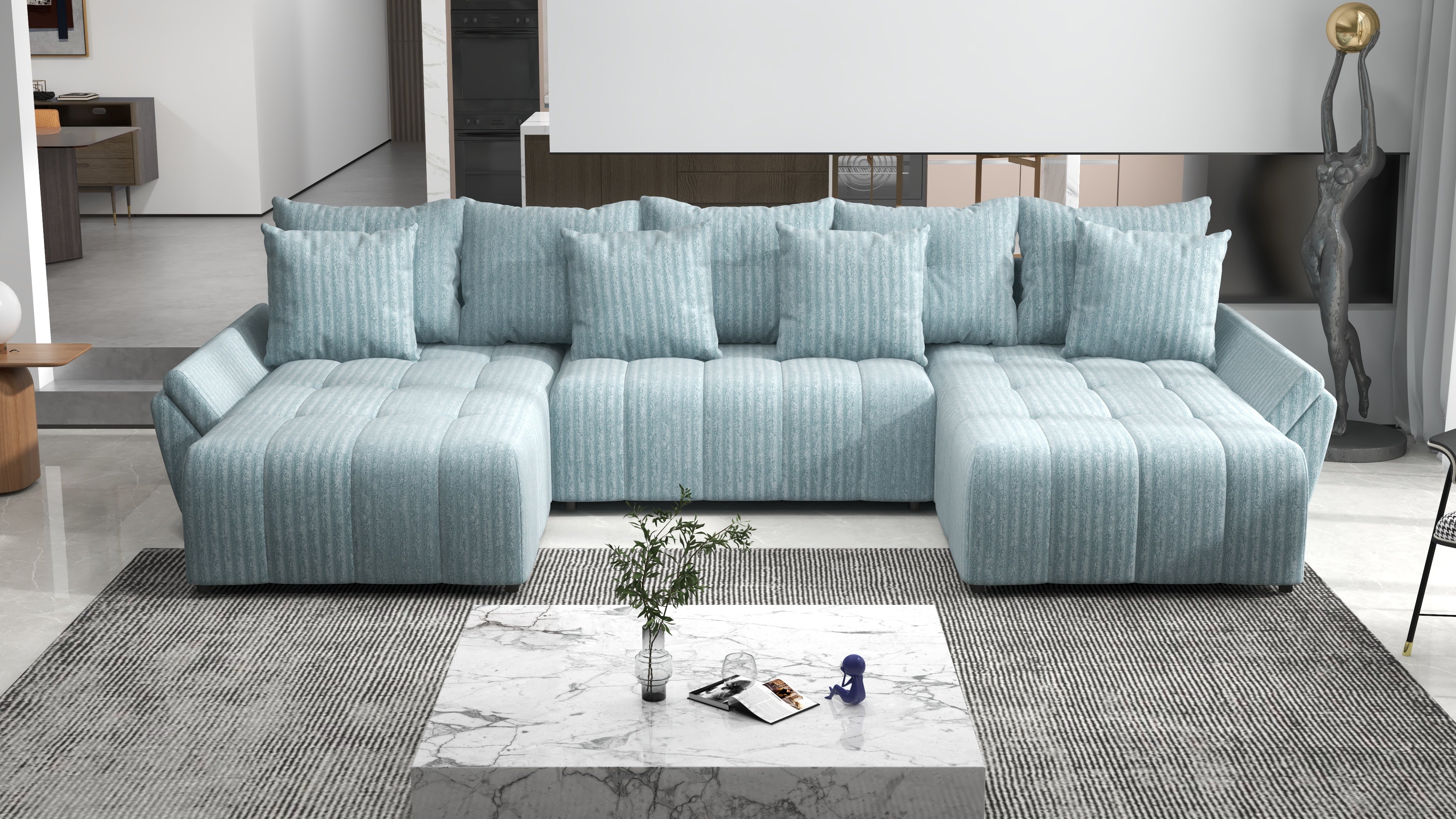 Colțar extensibil dumonde cu ladă de depozitare si sezut confortabil din spuma HR, Berlin U Mint 380x180 cm Fabrica