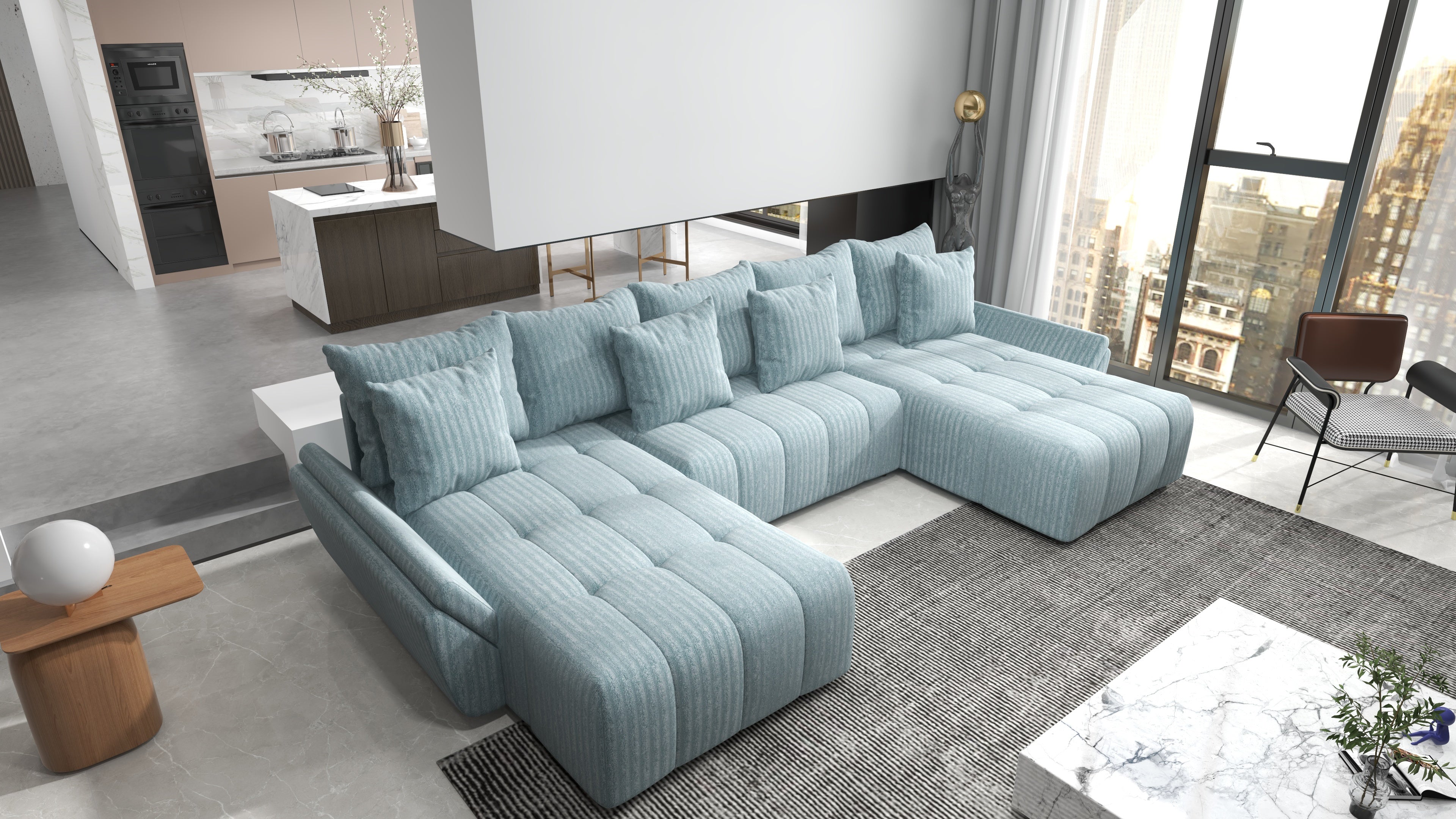 Colțar extensibil dumonde cu ladă de depozitare si sezut confortabil din spuma HR, Berlin U Mint 380x180 cm Fabrica