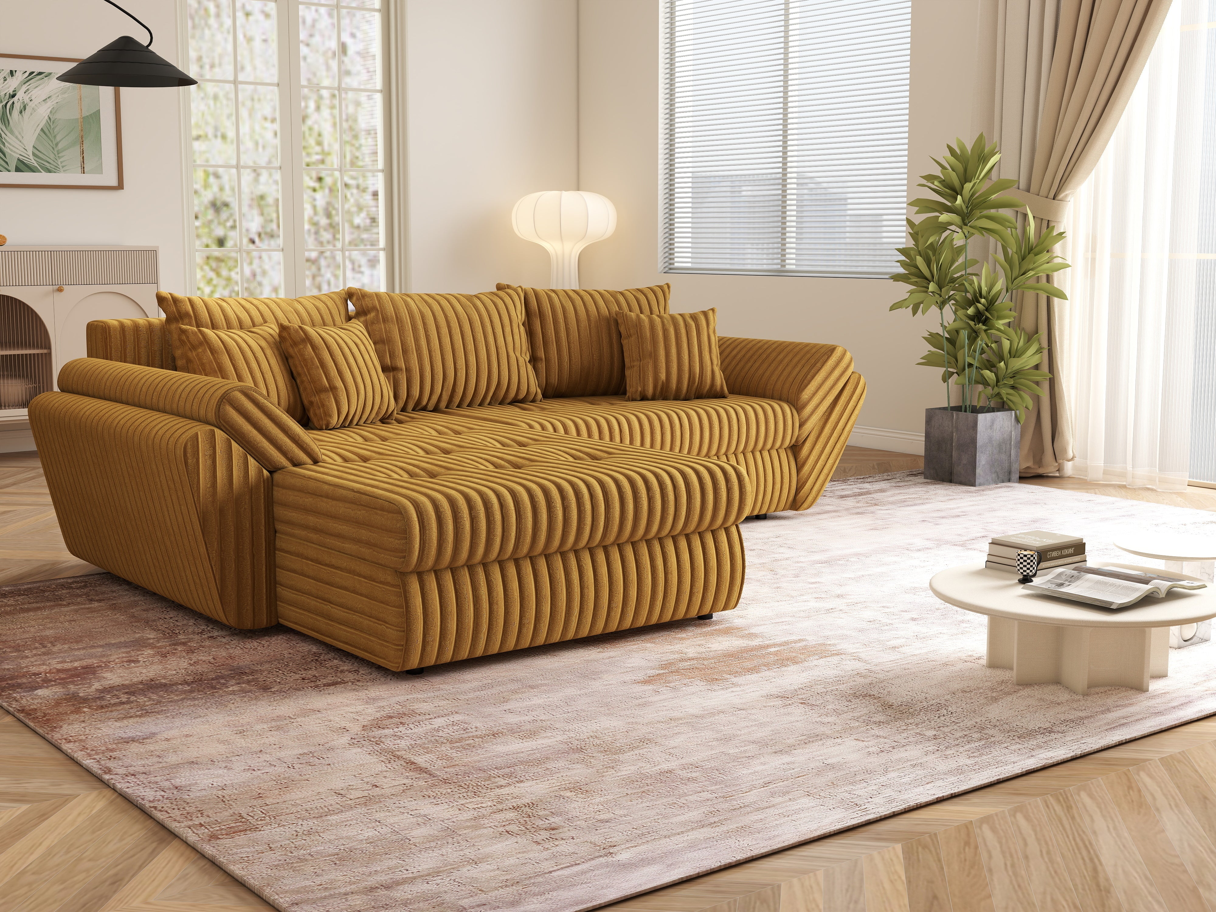 Colțar extensibil dumonde cu ladă de depozitare si sezut confortabil din spuma HR, Loana Ambience Mustar 270x185 cm Fabrica