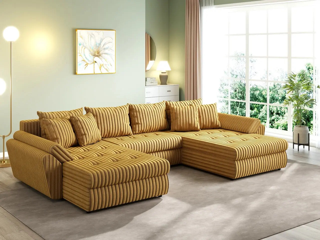 Colțar extensibil dumonde cu ladă de depozitare si sezut confortabil din spuma HR, Loana U Ambience Mustar 355x185 cm Fabrica