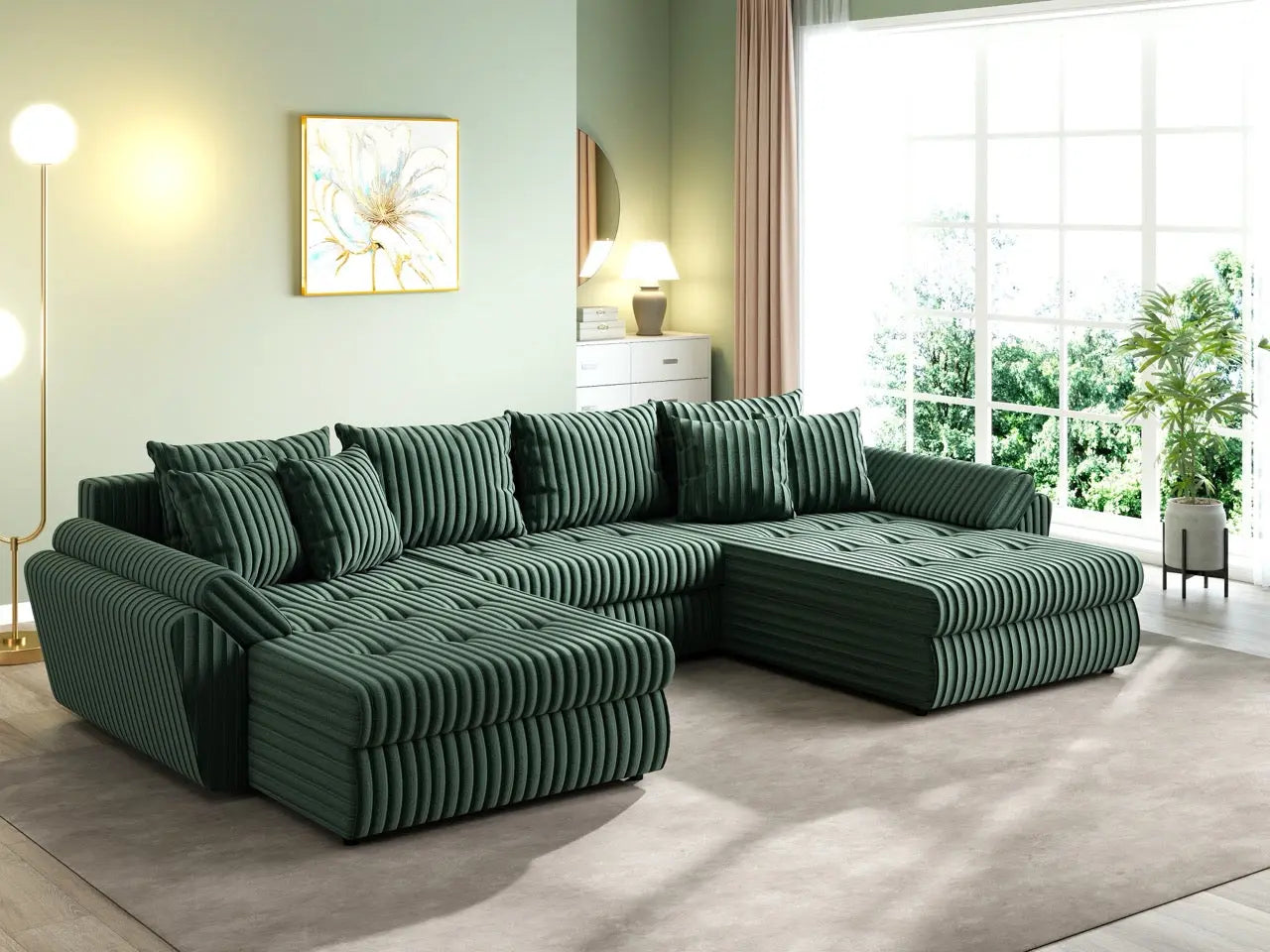 Colțar extensibil dumonde cu ladă de depozitare si sezut confortabil din spuma HR, Loana U Ambience Green 355x185 cm Fabrica