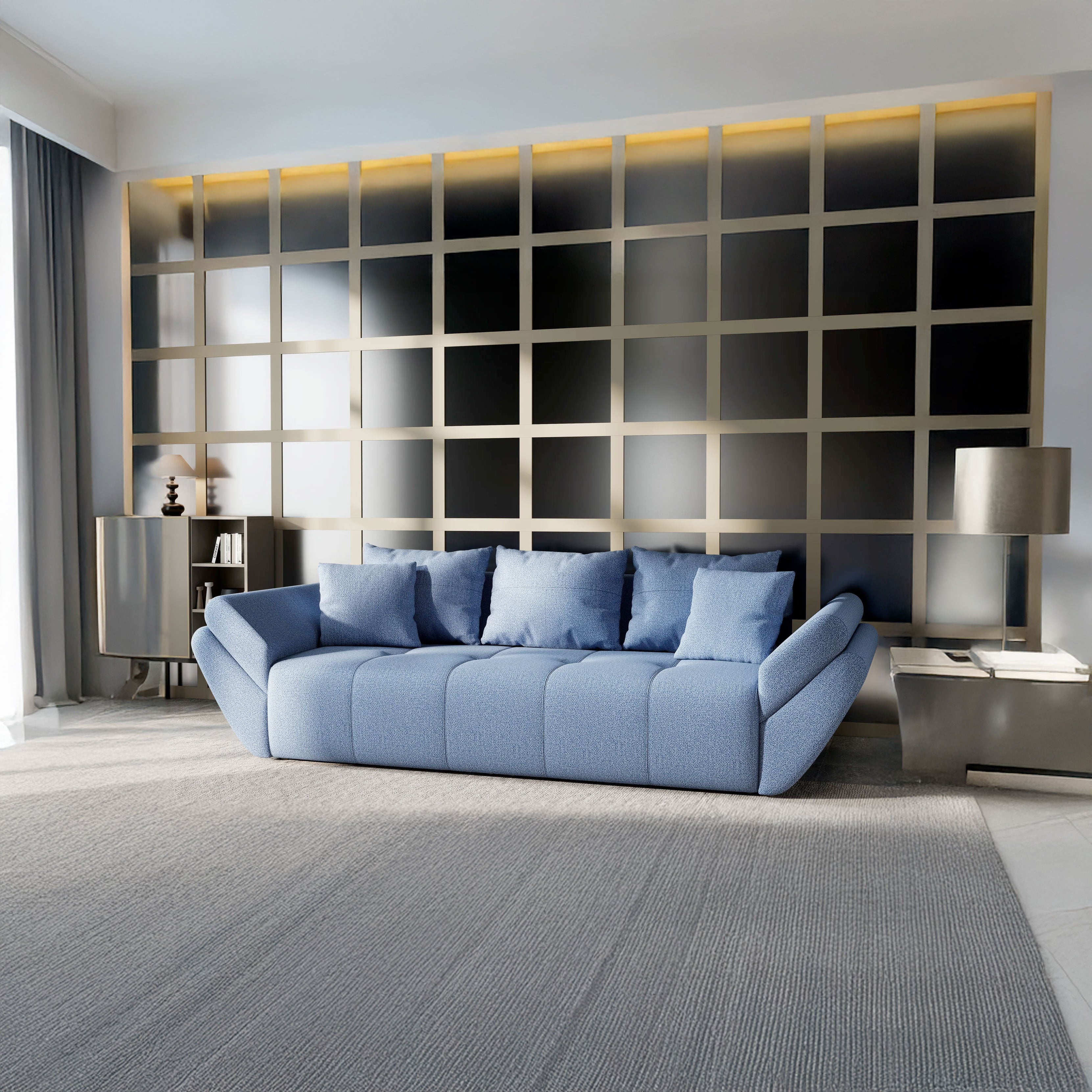 Canapea extensibilă dumonde cu ladă de depozitare si sezut confortabil din spuma HR, Berlin Enjoy Blue 250x100 cm Fabrica